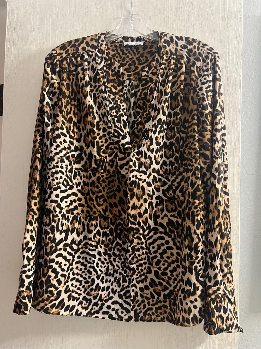 Calvin Klein Leopard Print V-Neck Long Sleeve Top - Black, Brown, Cream